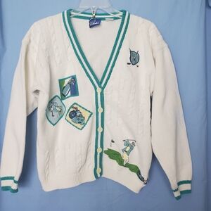 E P Pro Woman's Embroidered Novelity Cable Knit Golf Cardigan White/Green Sz Med